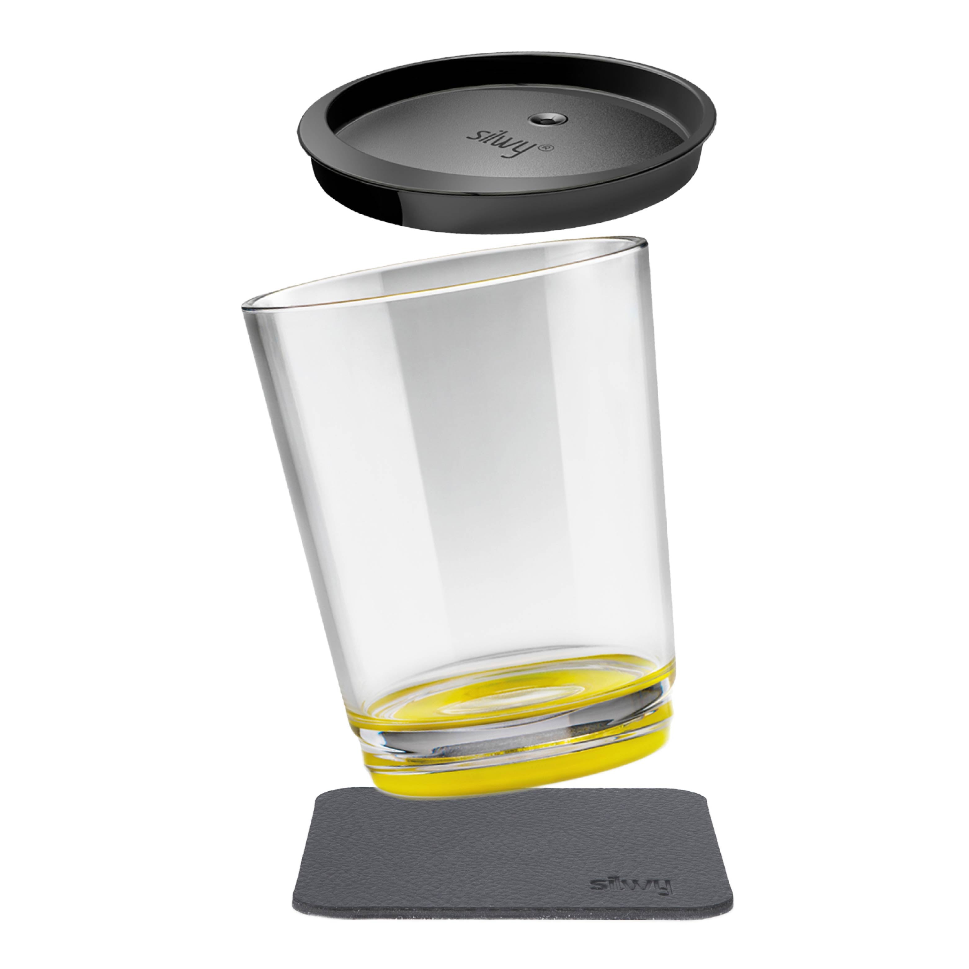 Magnet-Trinkbecher Triple Yellow mit zugehörigem Metall-Nano-Gel-Pad