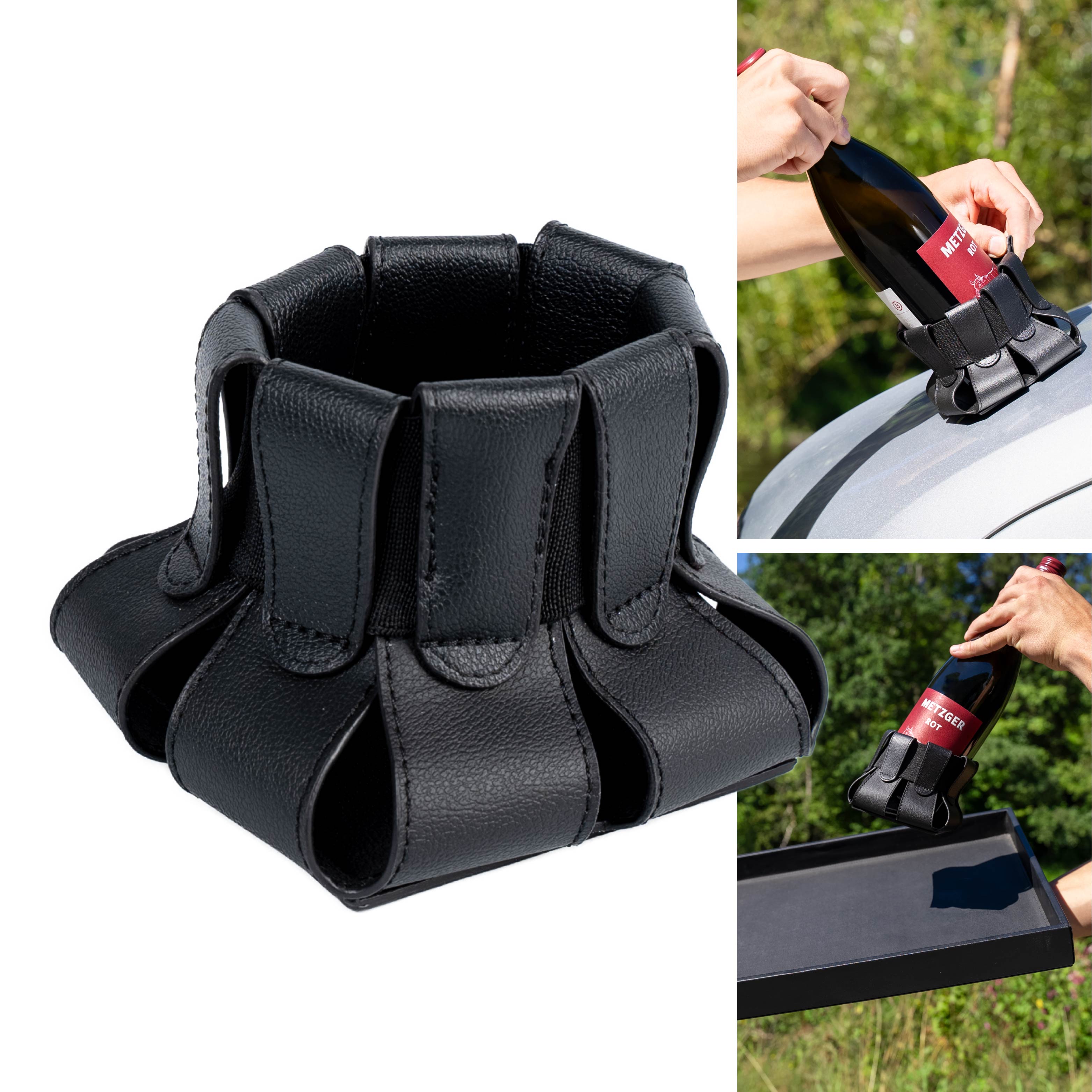 Magnet-Flaschenhalter Freisteller und Fotos mit Rotweinflasche auf Metall-Tablett und auf metallischer Oberfläche 