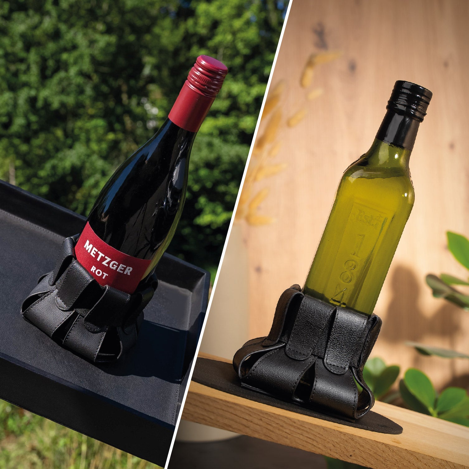 Magnet Flaschenhalter auf Metall-Tablett und auf Platzset 