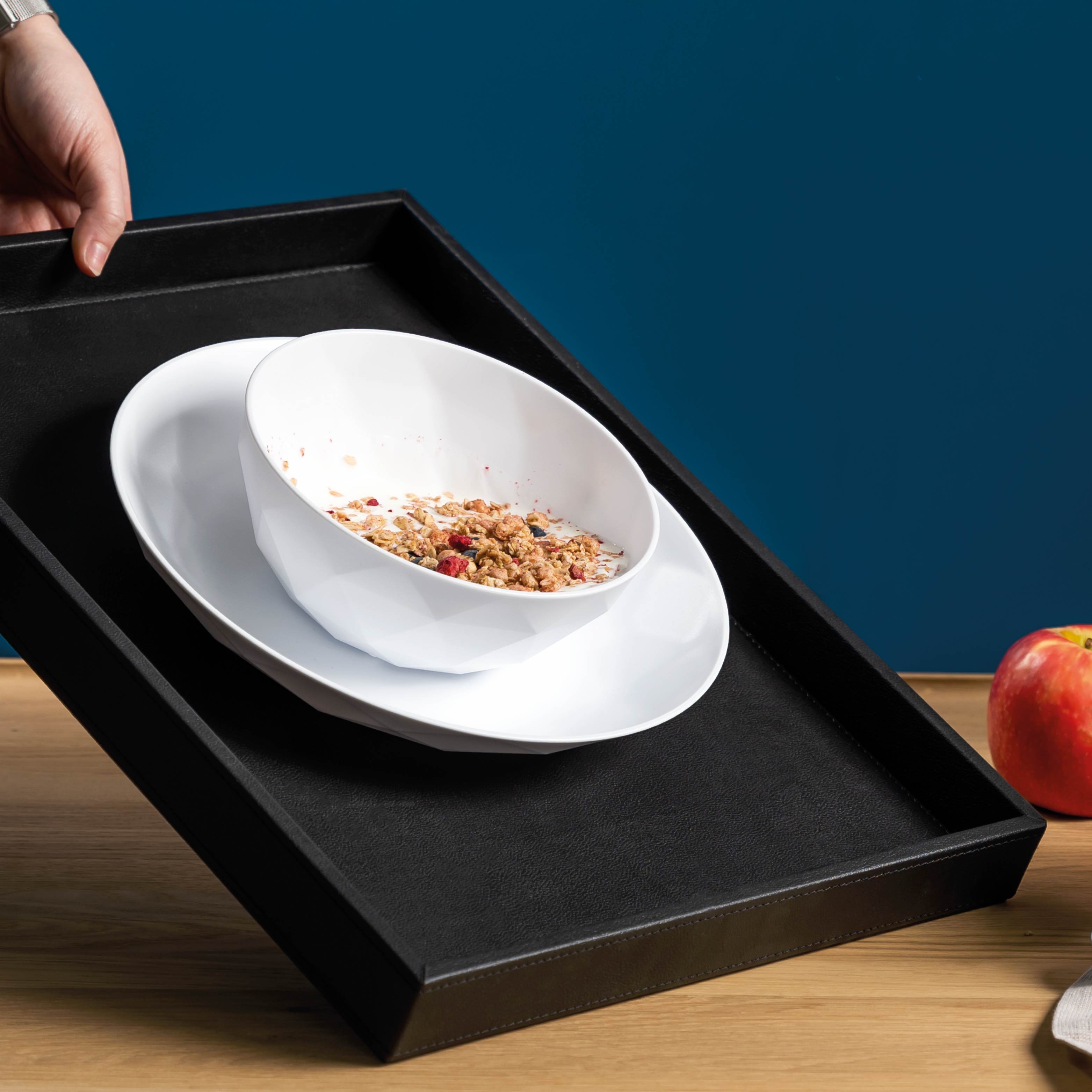 Magnetische Kunststoff Teller und Bowls auf einem Metall-Tablett in Schräglage