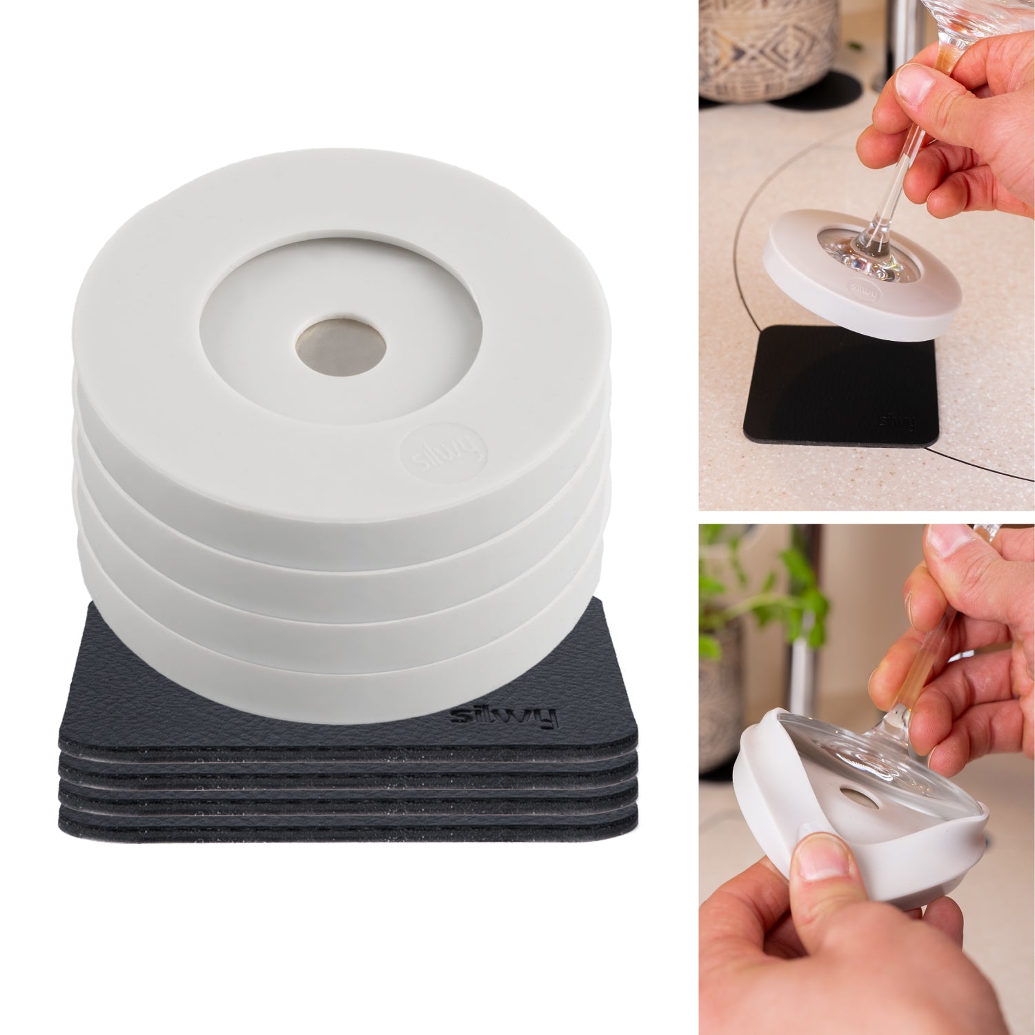 Magnet-Adapter weiß mit zugehörigen Metall-Nano-Gel-Pads in schwarz 