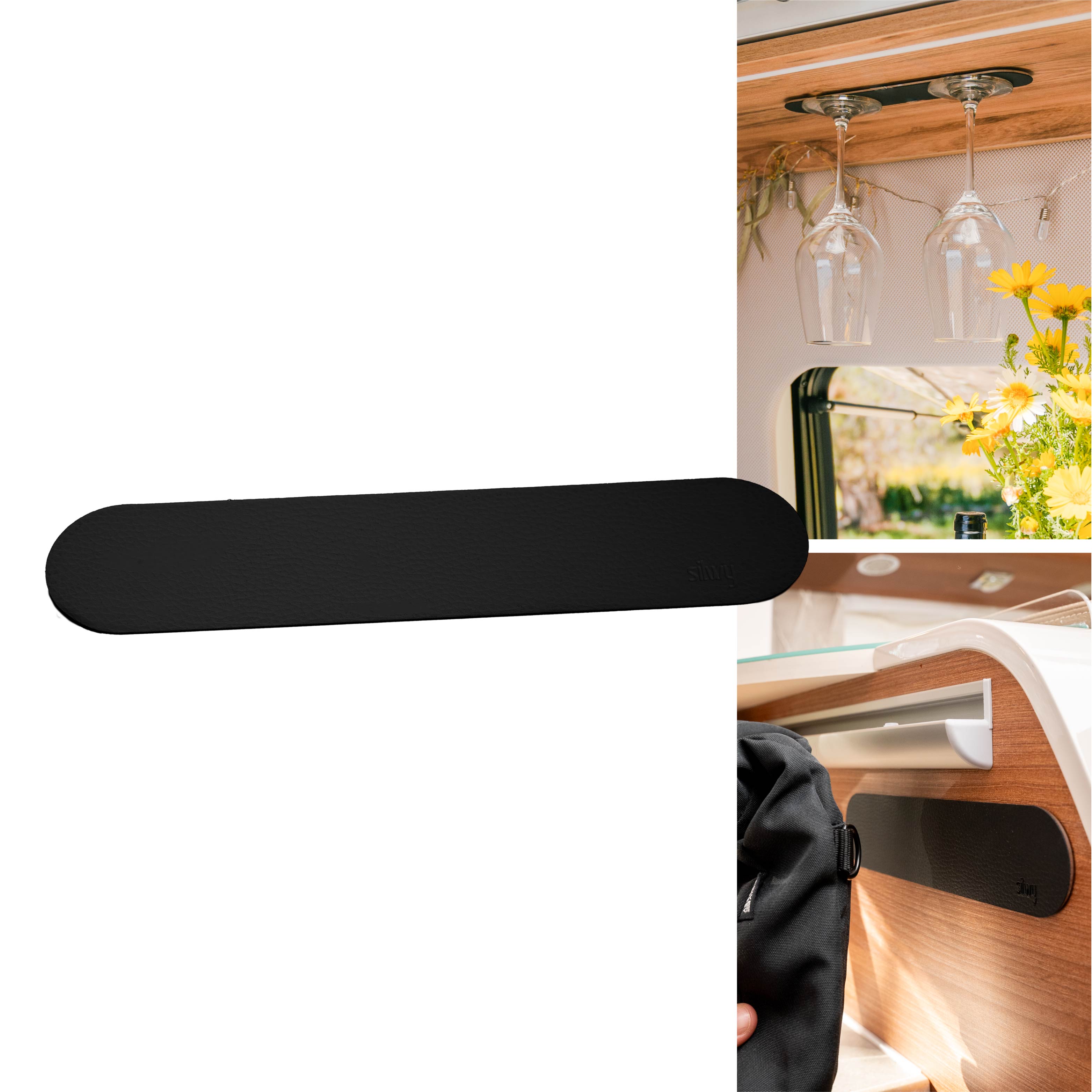 Metall-Leiste schwarz Freisteller sowie Magnet-Gläser Wein und Magnet-Taschen befestigt an Metall-Leiste schwarz 