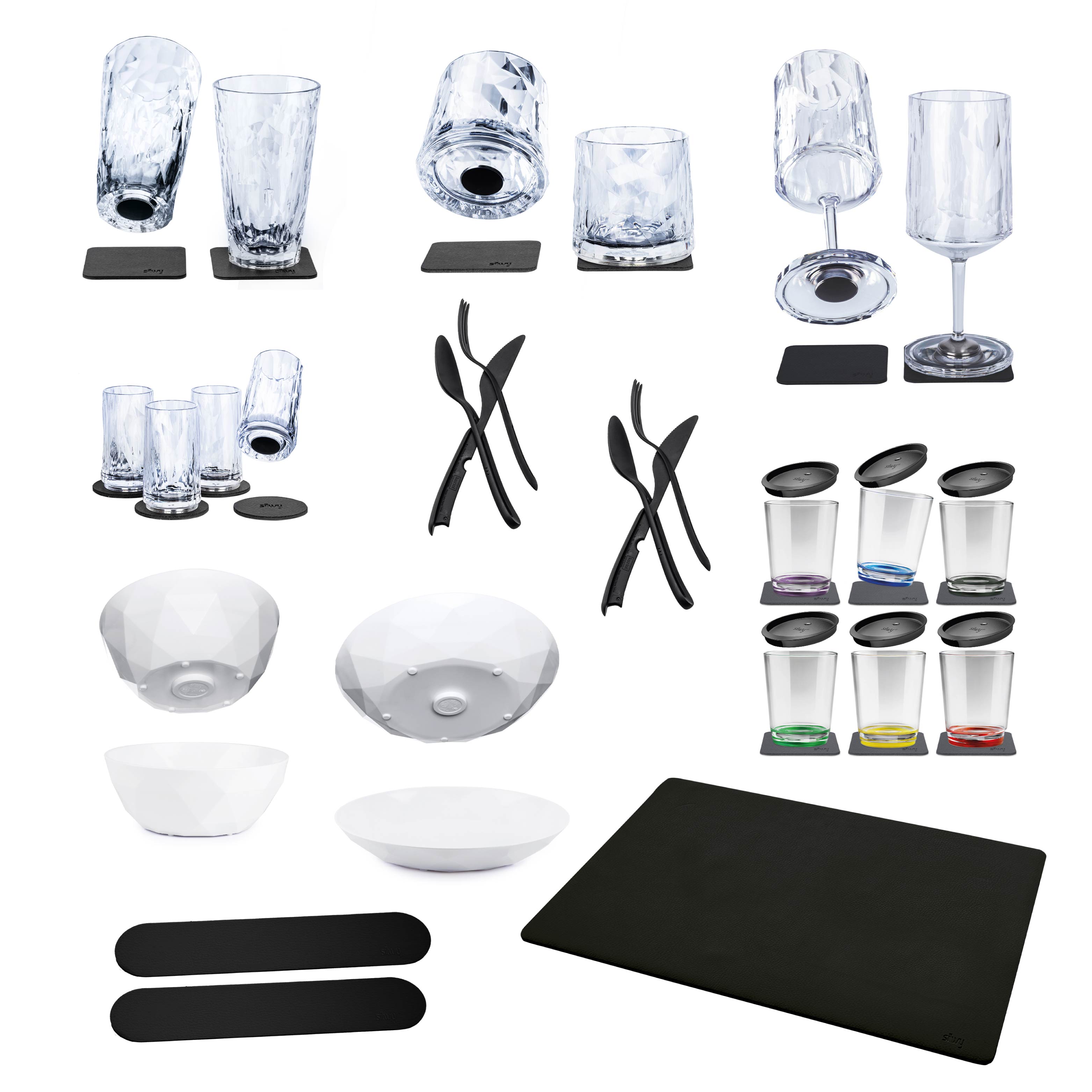 Set aus Magnet-Gläsern, Besteck, Magnet-Foodbowl, Magnet-Teller, Metall-Matte DIY, Metall-Leisten und Magnet-Cups 