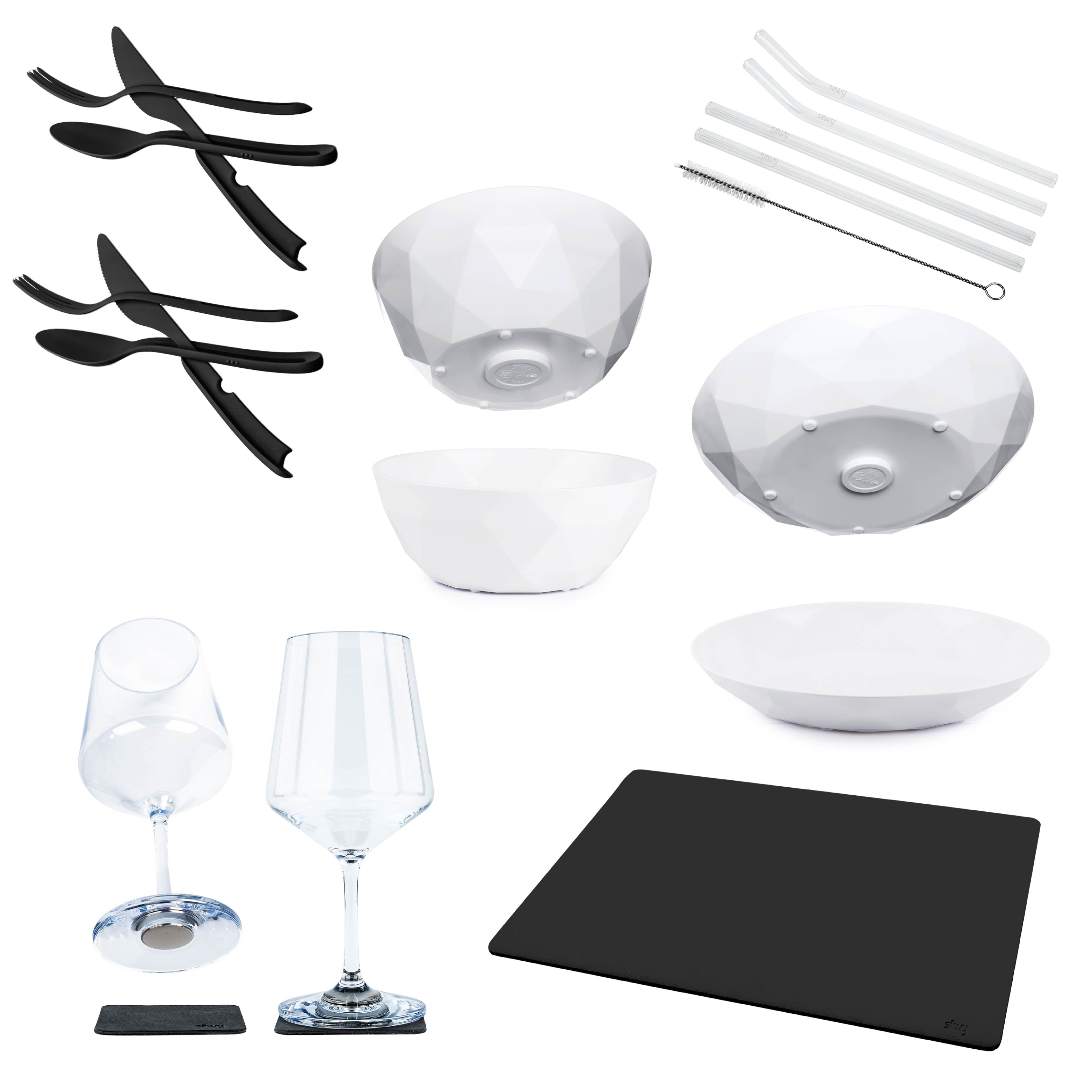 Set bestehen aus Magnet-Kristallgläsern Wein, Metall-Matte DIY, Magnet-Foodbowl, Magnet-Teller, Besteck-Set Tricky Black und Strohalmen 