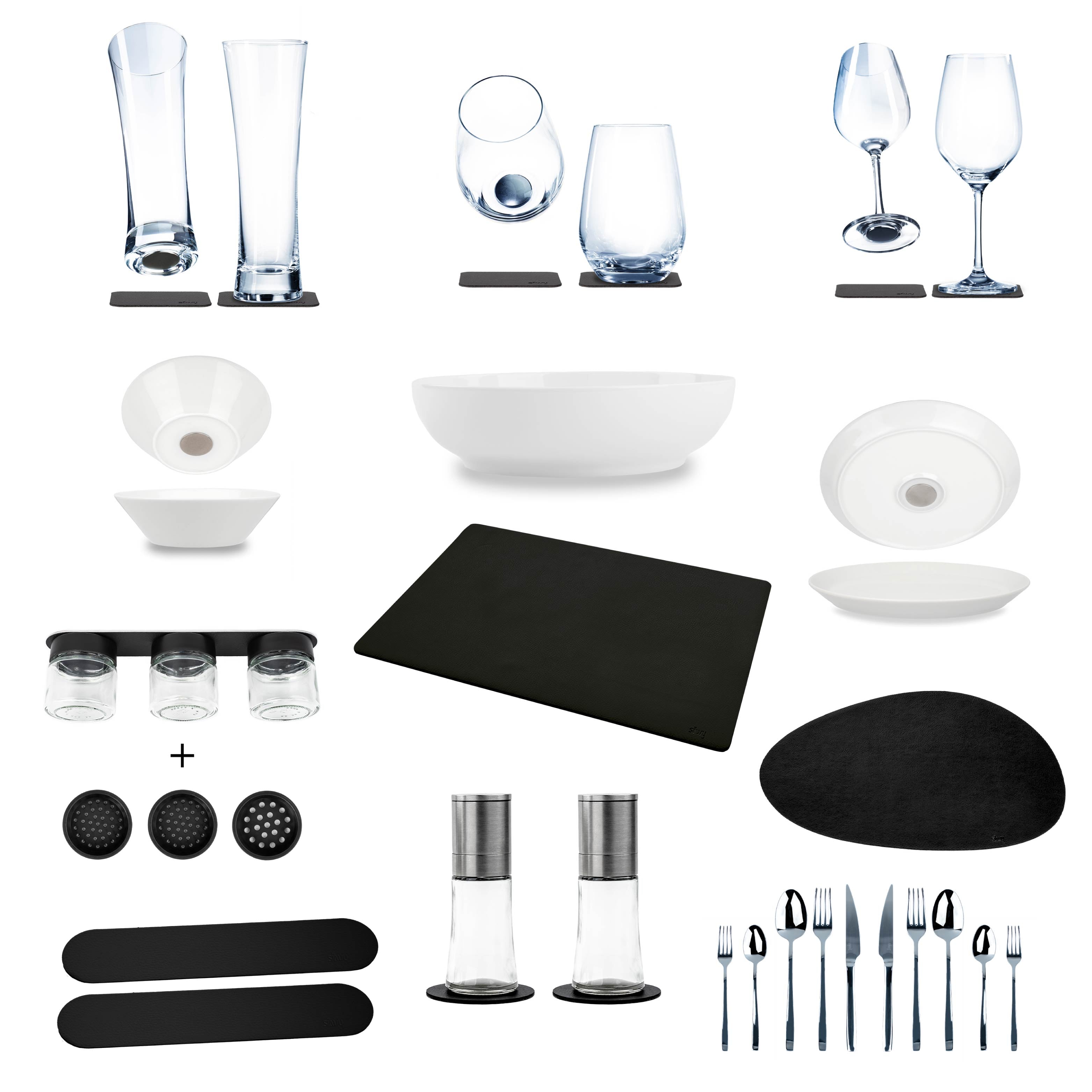 Set aus Gläser, Teller, Metall-Matte DIY, Besteck, Gewürzgläser und Metall-Leisten 