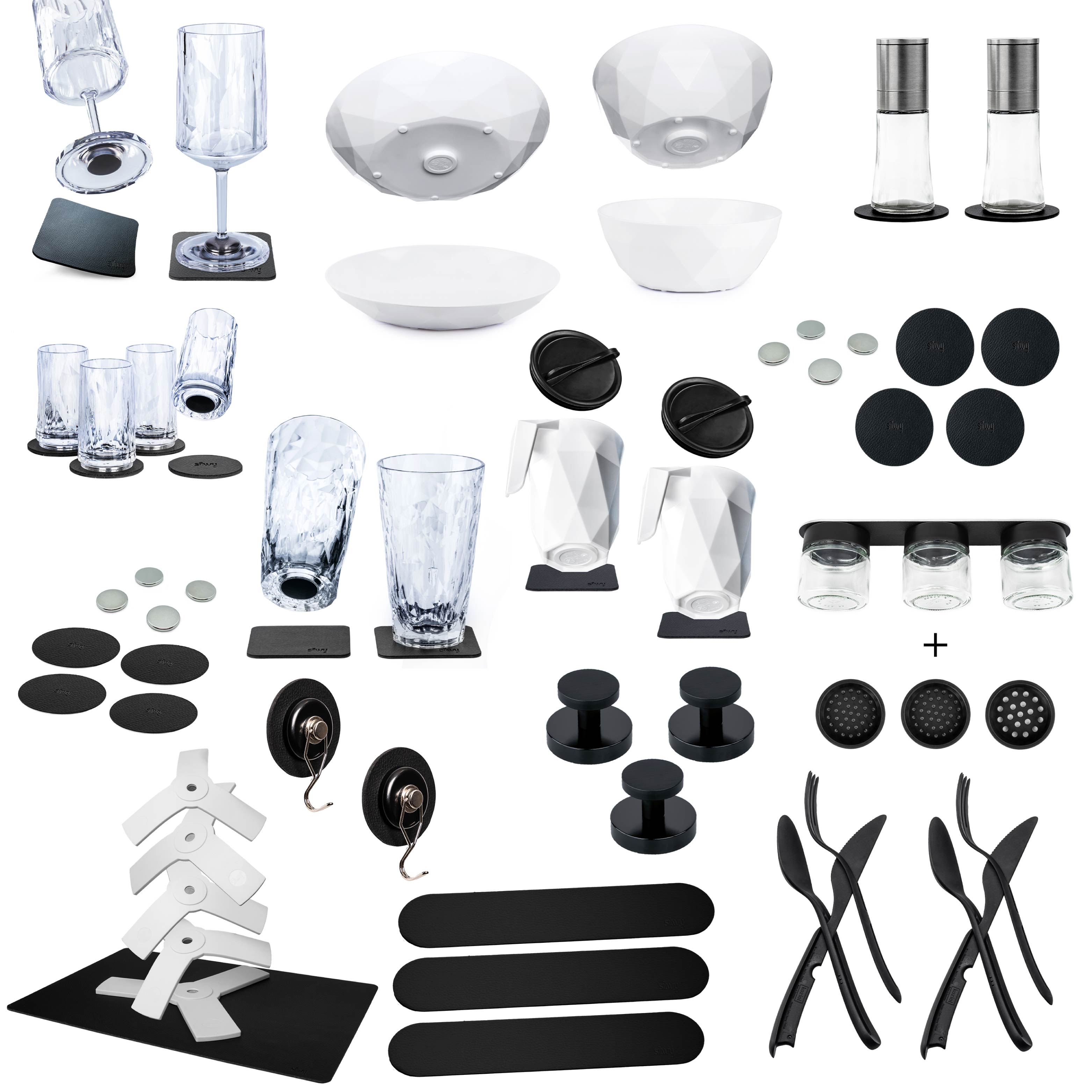 Set aus Gläsern, Teller, Foodbowls, Gewürzgläser, Garderobe, Besteck, Sandwich und Power-Bundle 