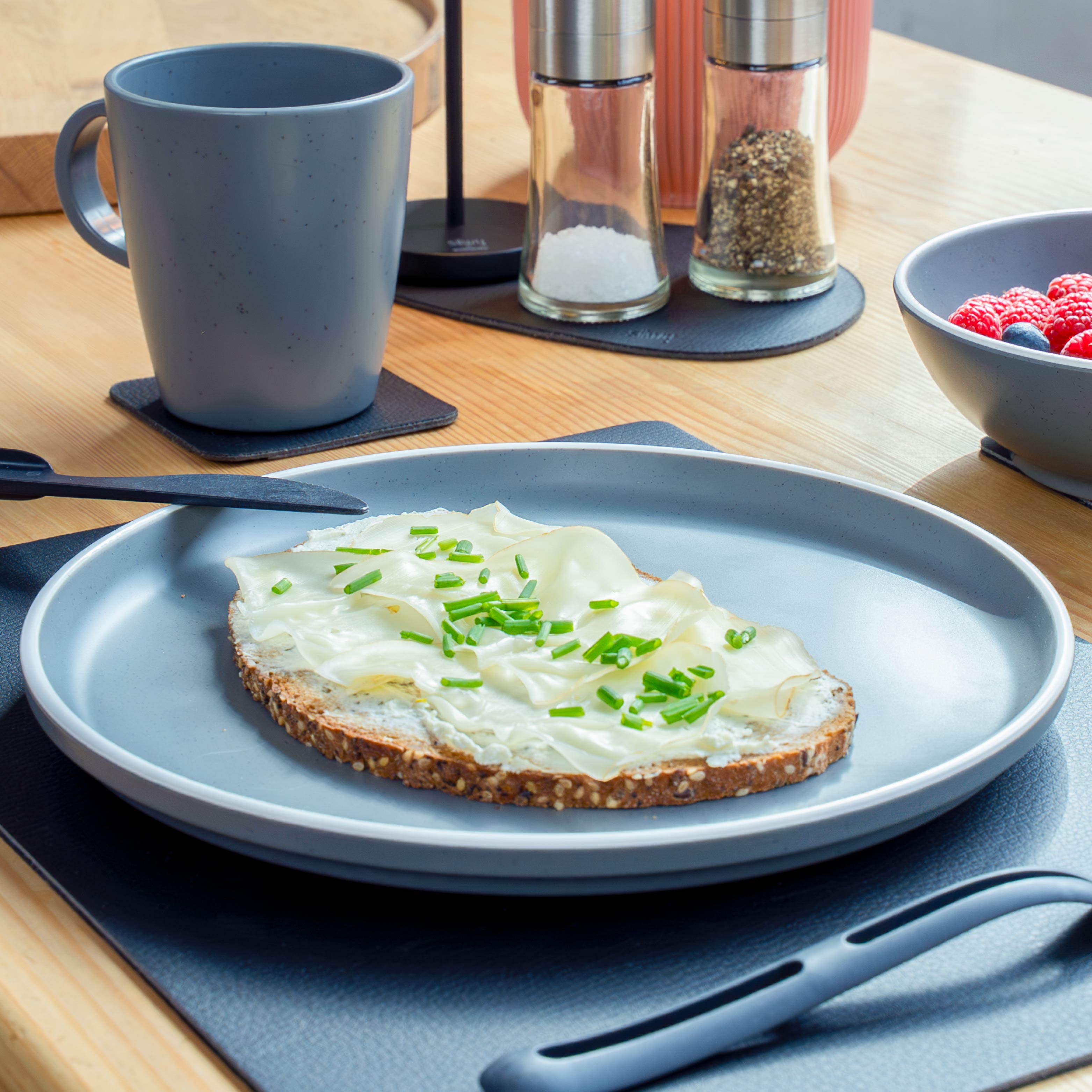 Kunststoffteller GREY mit Kunststoff Besteck, abgestellt auf Metall-Nano-Gel-Matte 